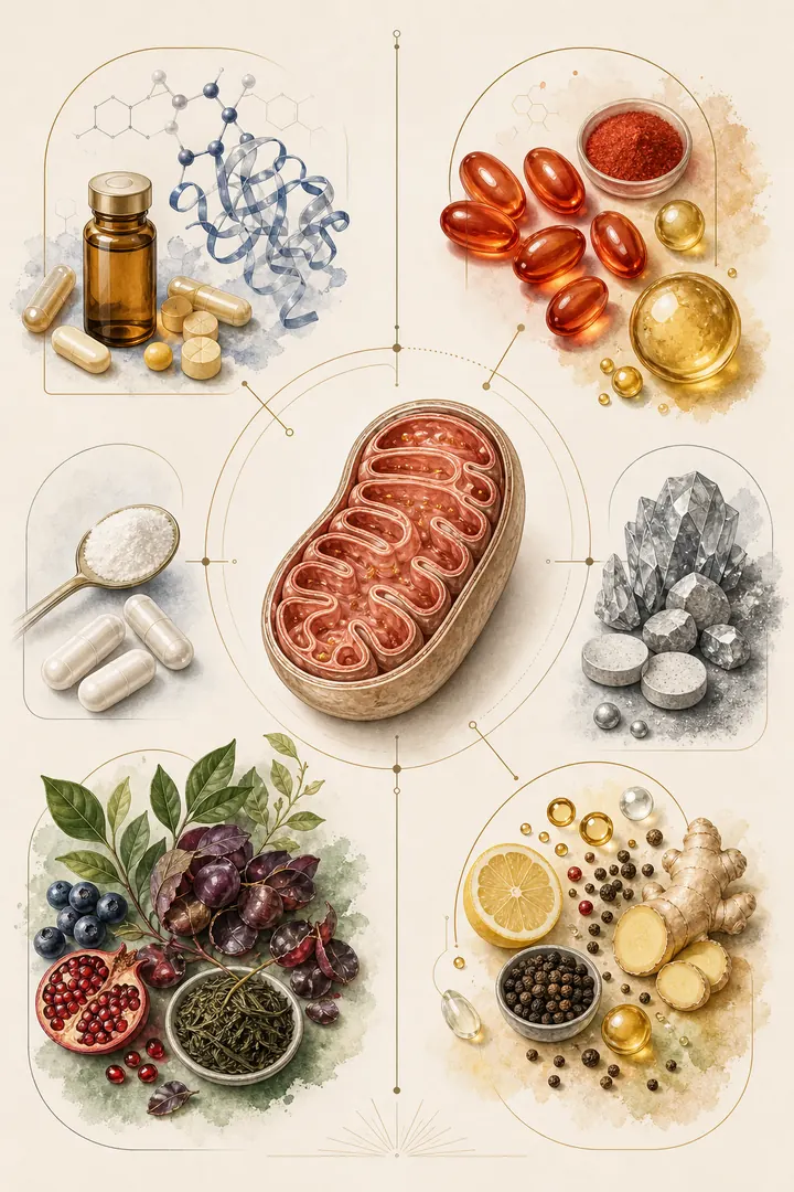 Illustrated mitochondrial supplement ingredient groups around a mitochondrion
