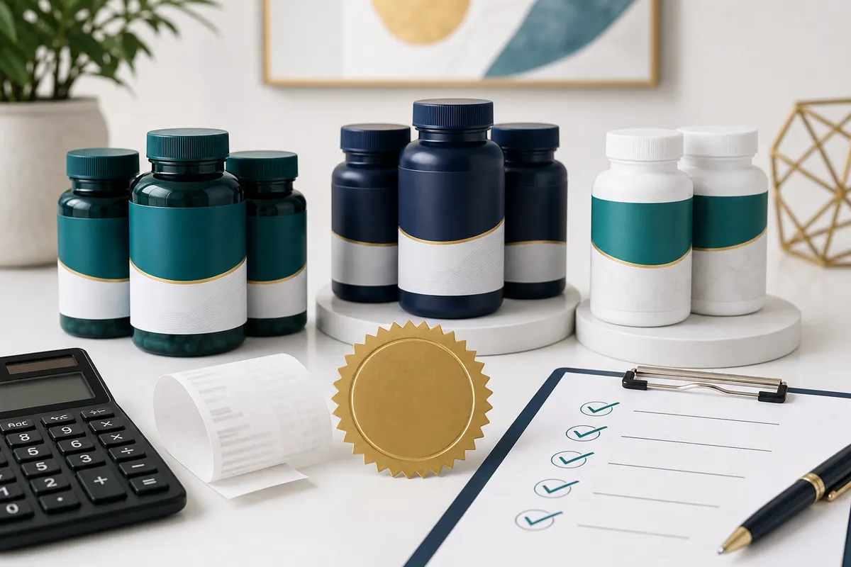 A supplement price and guarantee comparison scene with bottles, calculator, and checklist