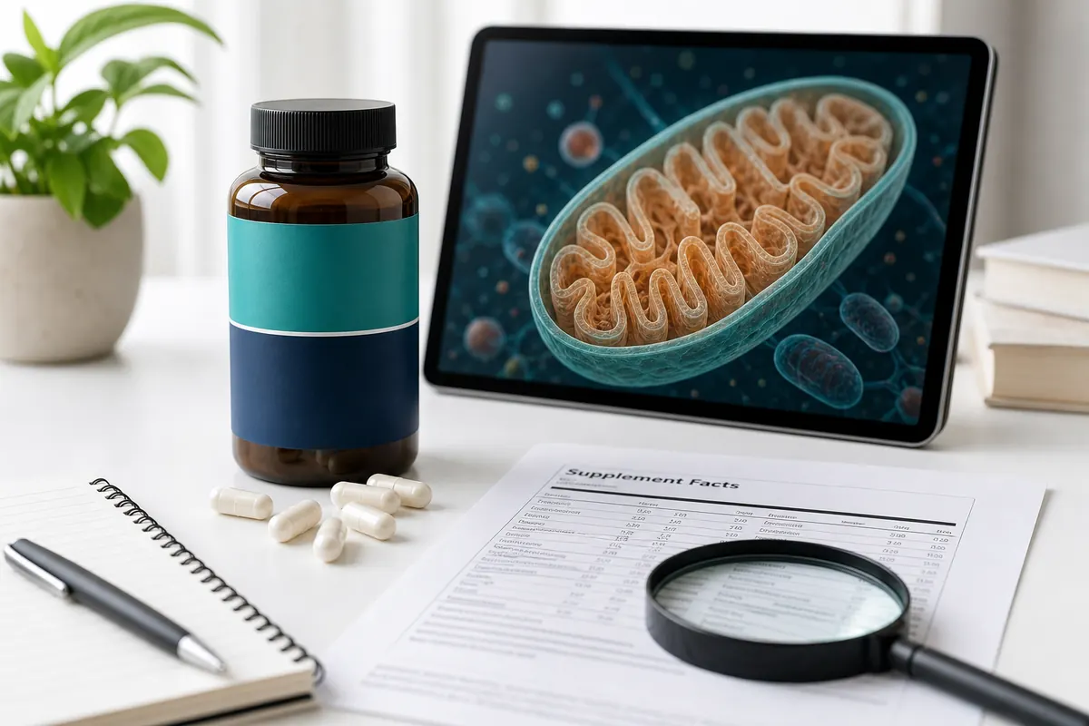 A supplement review desk with a generic bottle, mitochondrial illustration, and evidence checklist