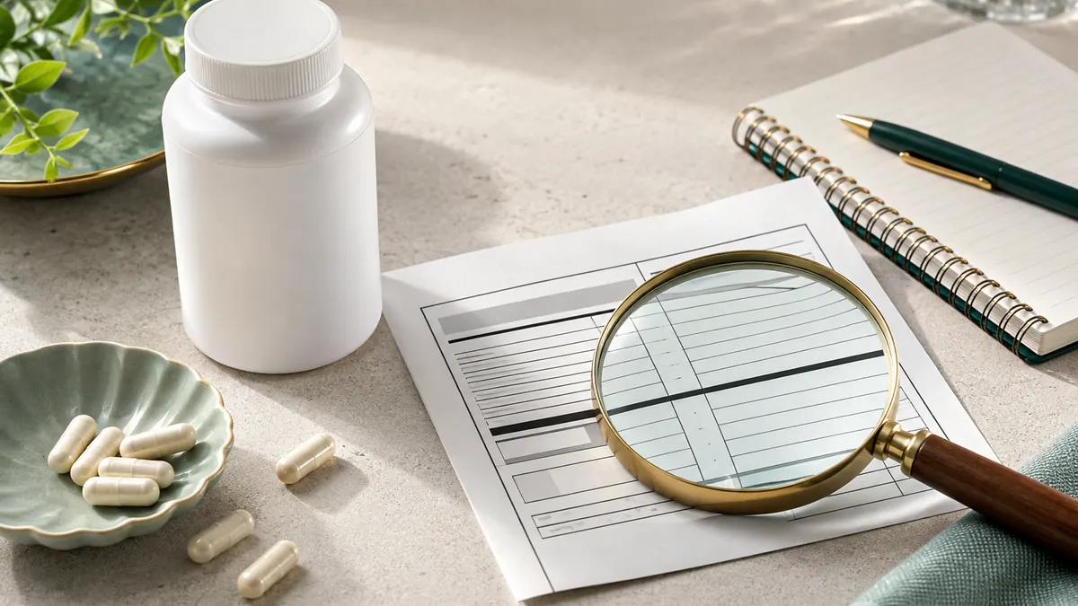 Unbranded supplement bottle and blank Supplement Facts style panel inspected with a magnifying glass beside capsules and a notebook