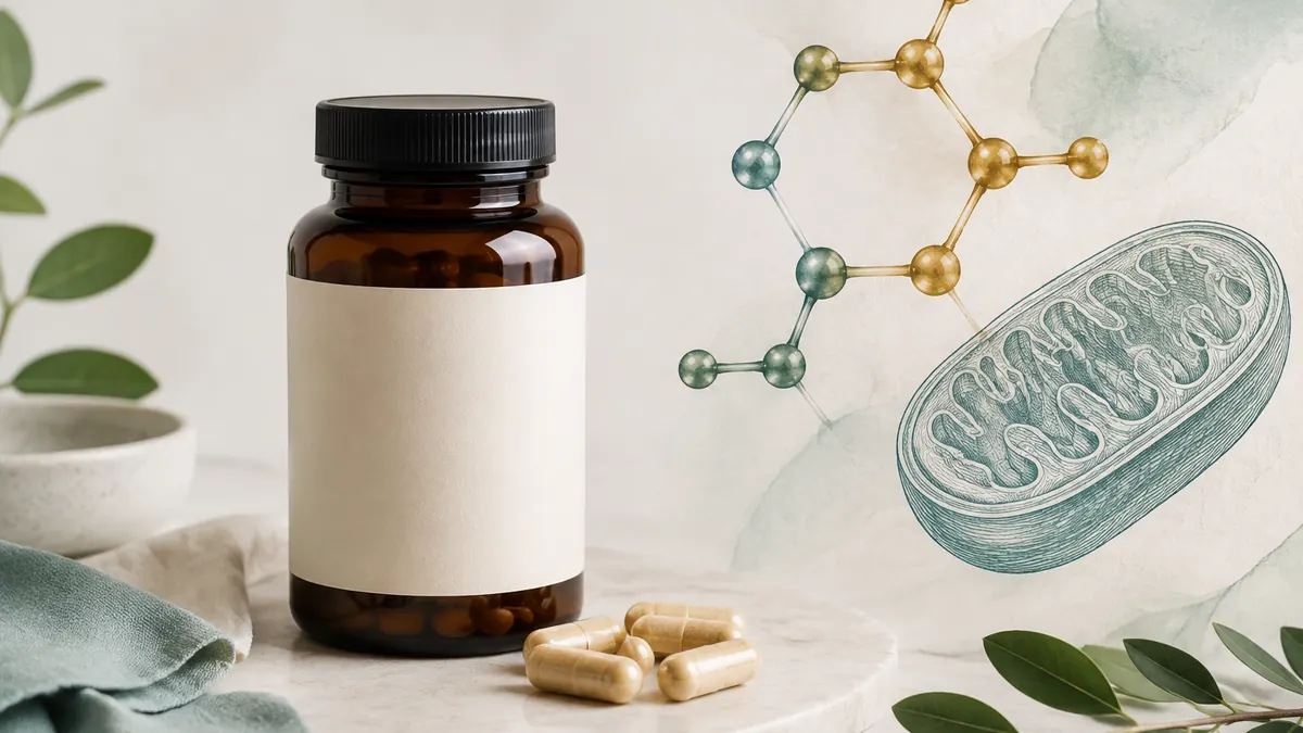 Unbranded alpha-lipoic acid supplement bottle beside capsules, a molecular model, and a mitochondrion illustration