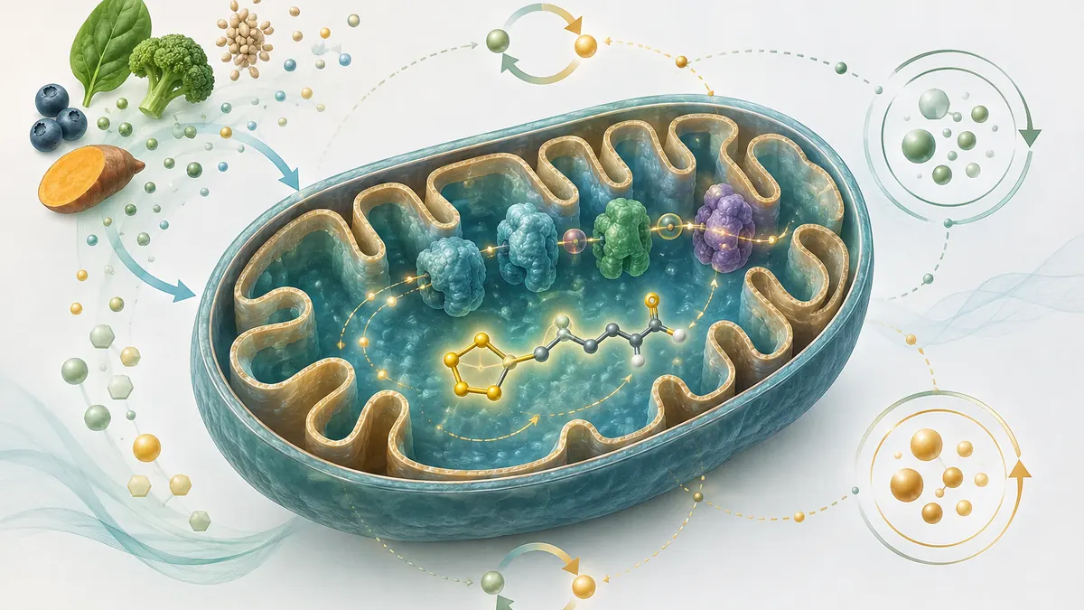 Editorial illustration of a mitochondrion with food-derived fuel, redox cycles, and a molecular structure around the inner membrane