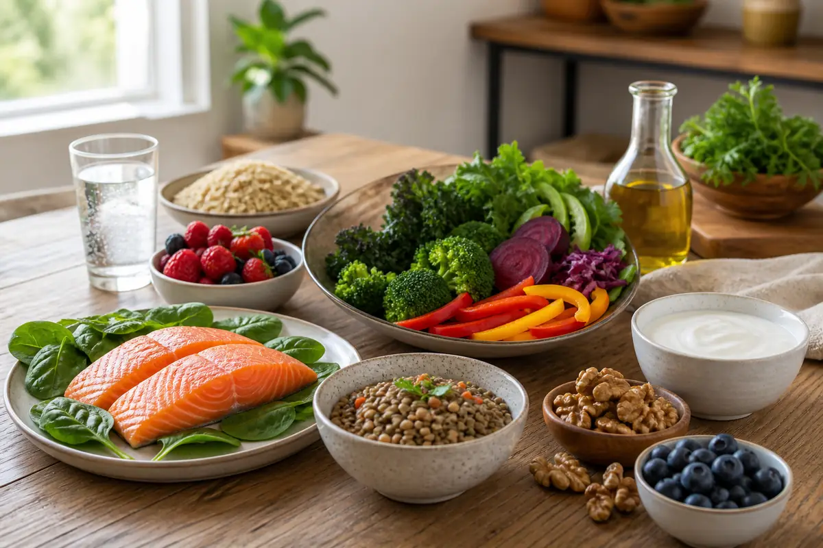 Balanced table of salmon, lentils, leafy greens, berries, walnuts, whole grains, yogurt, and water