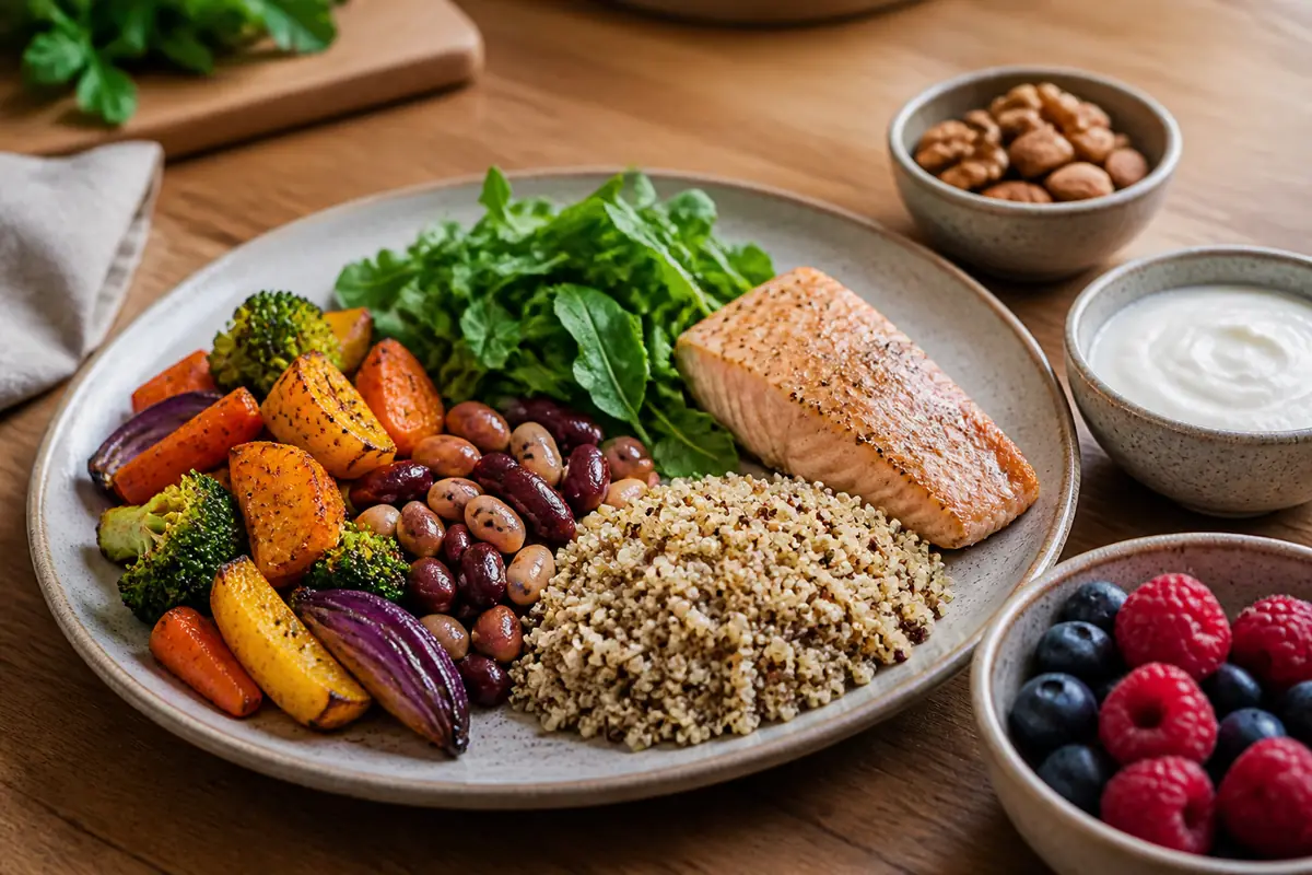 Balanced plate with salmon, beans, whole grains, roasted vegetables, leafy greens, berries, nuts, and yogurt