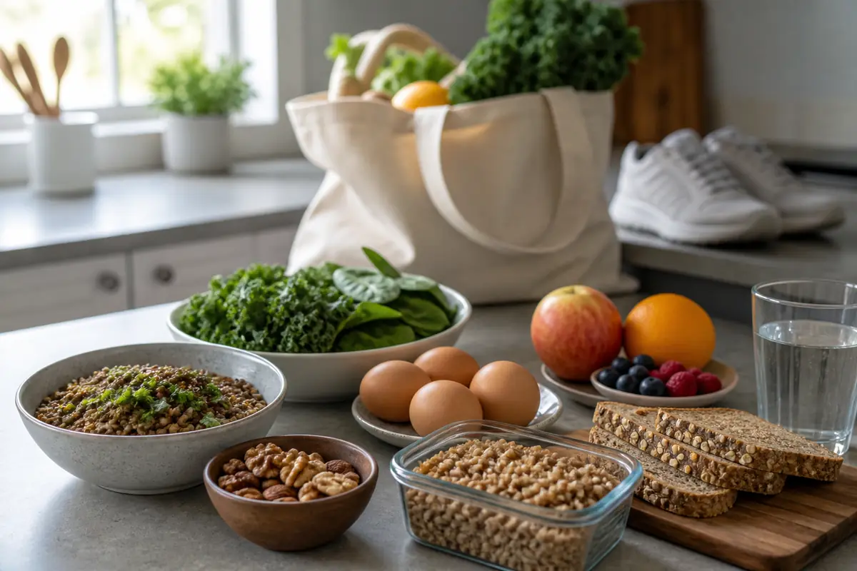 Kitchen counter with lentils, leafy greens, eggs, fruit, whole-grain bread, nuts, cooked grains, water, and a grocery tote