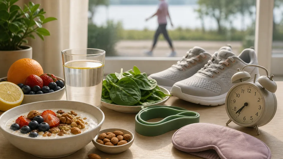 Whole foods, water, walking shoes, resistance band, alarm clock, and sleep mask arranged as an energy routine
