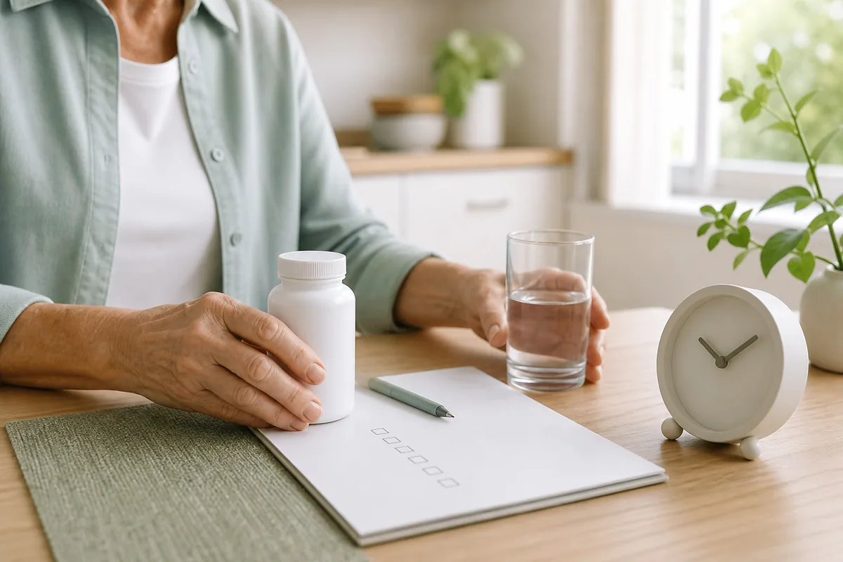 Older adult reviewing an unbranded NAD-related supplement, water, and a daily checklist at a kitchen table