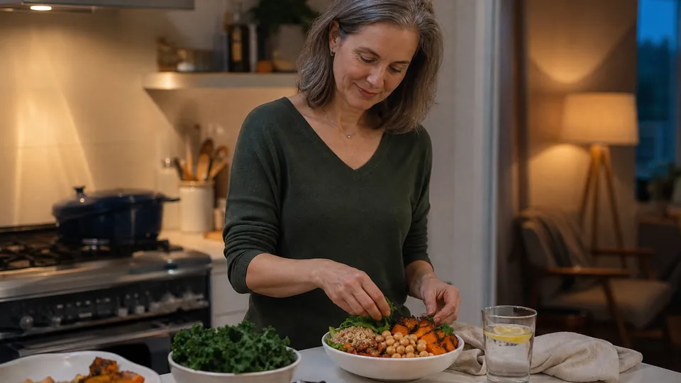 Adult preparing a balanced meal with vegetables, chickpeas, whole grains, and water in a home kitchen