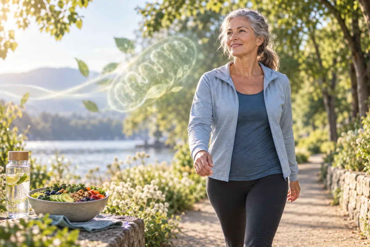 Older woman walking beside a lake with a balanced meal and a subtle mitochondrion illustration