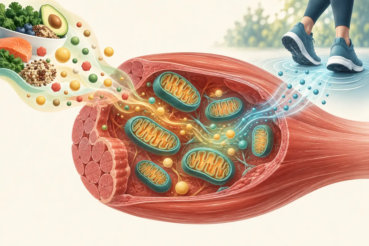 Editorial illustration of food and walking signals flowing toward mitochondria inside a muscle cell