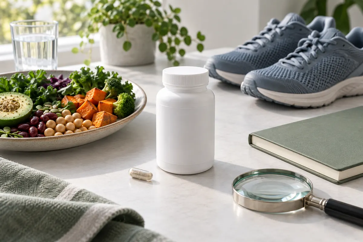 Blank supplement bottle beside a balanced meal, walking shoes, a notebook, and a magnifying glass