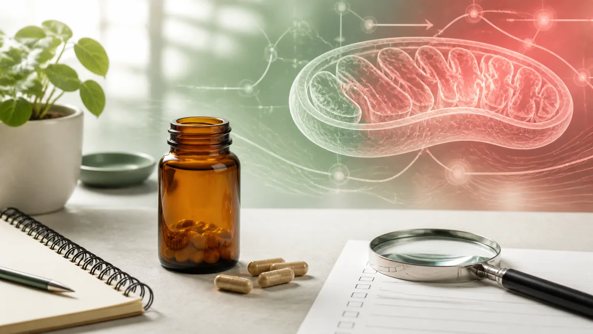 Unbranded supplement bottle beside a mitochondrion illustration, capsules, notebook, and magnifying glass for evaluating supplement benefits