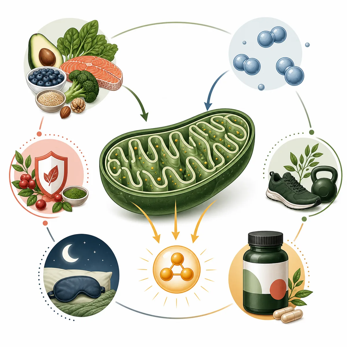 Editorial diagram showing food, oxygen, sleep, exercise, antioxidant cues, and a supplement label converging on mitochondrial energy pathways