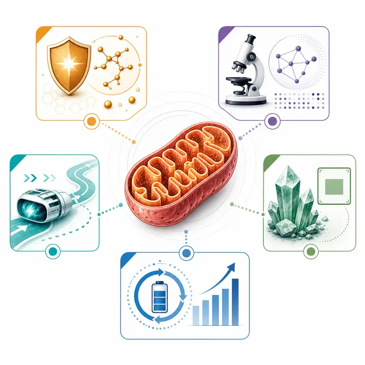 Visual ingredient map showing mitochondria surrounded by supplement category cues without brand names