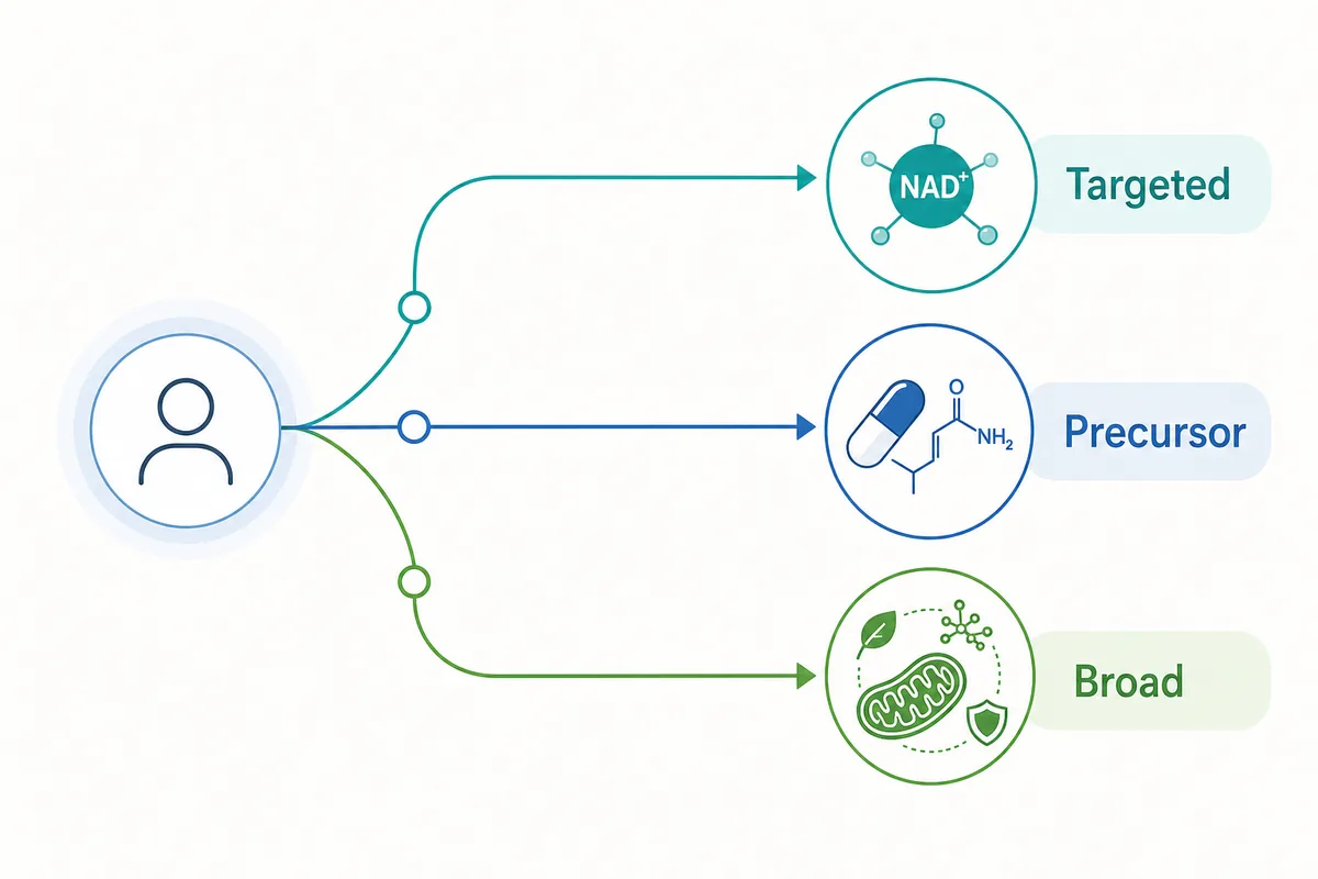 Editorial decision path from a supplement buyer to targeted NAD, precursor, and broad mitochondrial support options