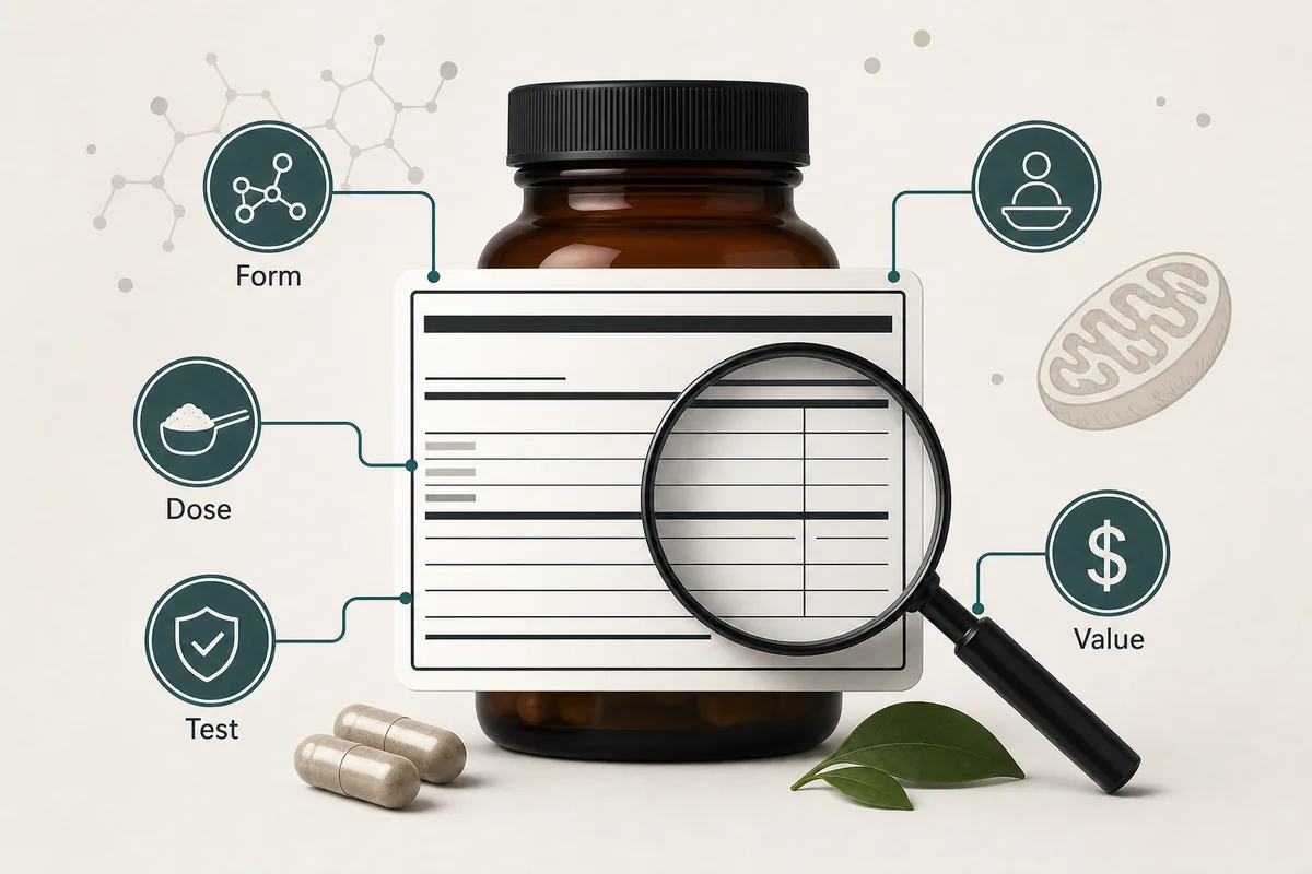 Magnifying glass over an unbranded supplement facts label with visual prompts for form, dose, testing, and value