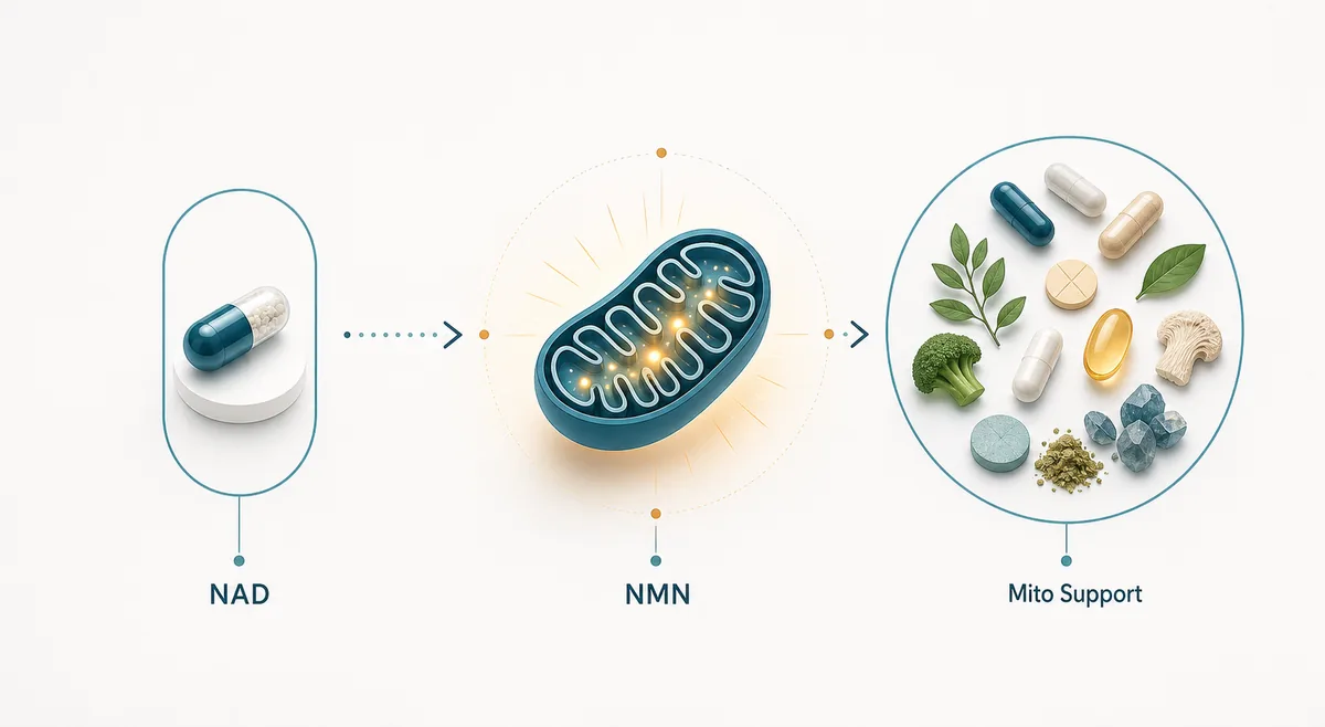 Editorial comparison of a targeted NAD capsule, an NMN precursor, and a broad mitochondrial support ingredient group