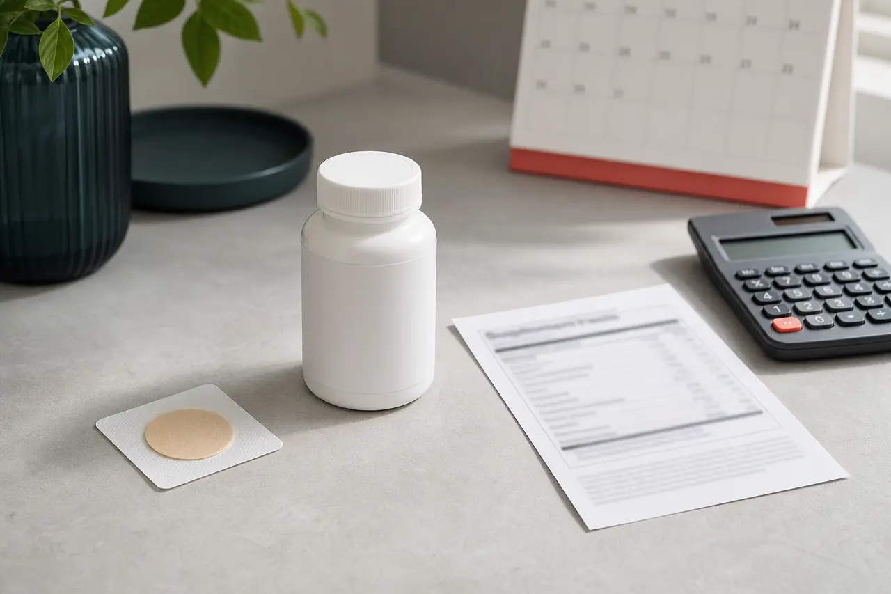 Plain adhesive patch and capsule on two clean paths leading toward a checklist and glass of water