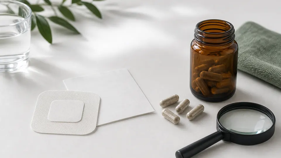 Plain adhesive wellness patch and unbranded capsules beside a label, ruler, water, and magnifying glass