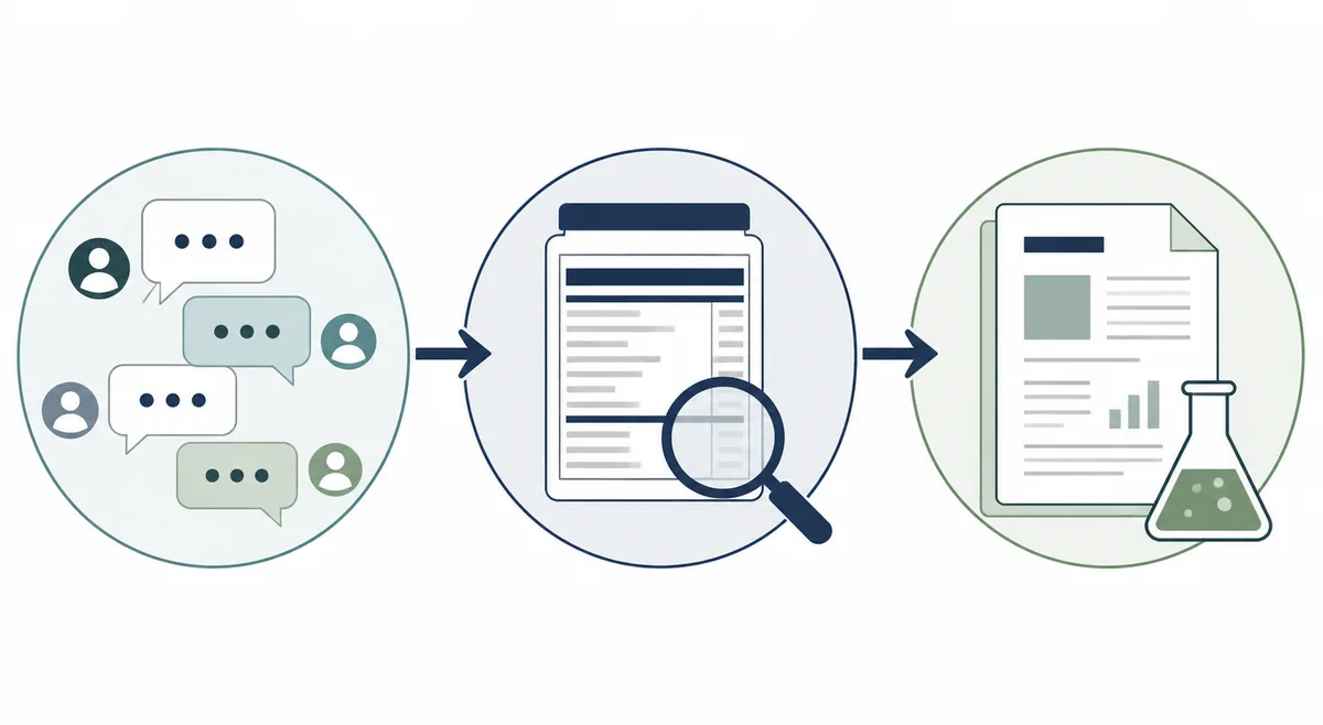 Editorial diagram showing anonymous supplement comments moving through a label check toward research evidence