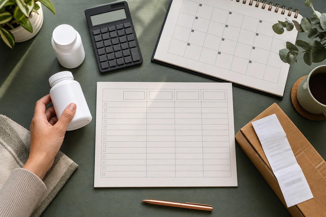 Unbranded supplement bottle beside a calculator, blank comparison scorecard, calendar, receipt, and shipping package