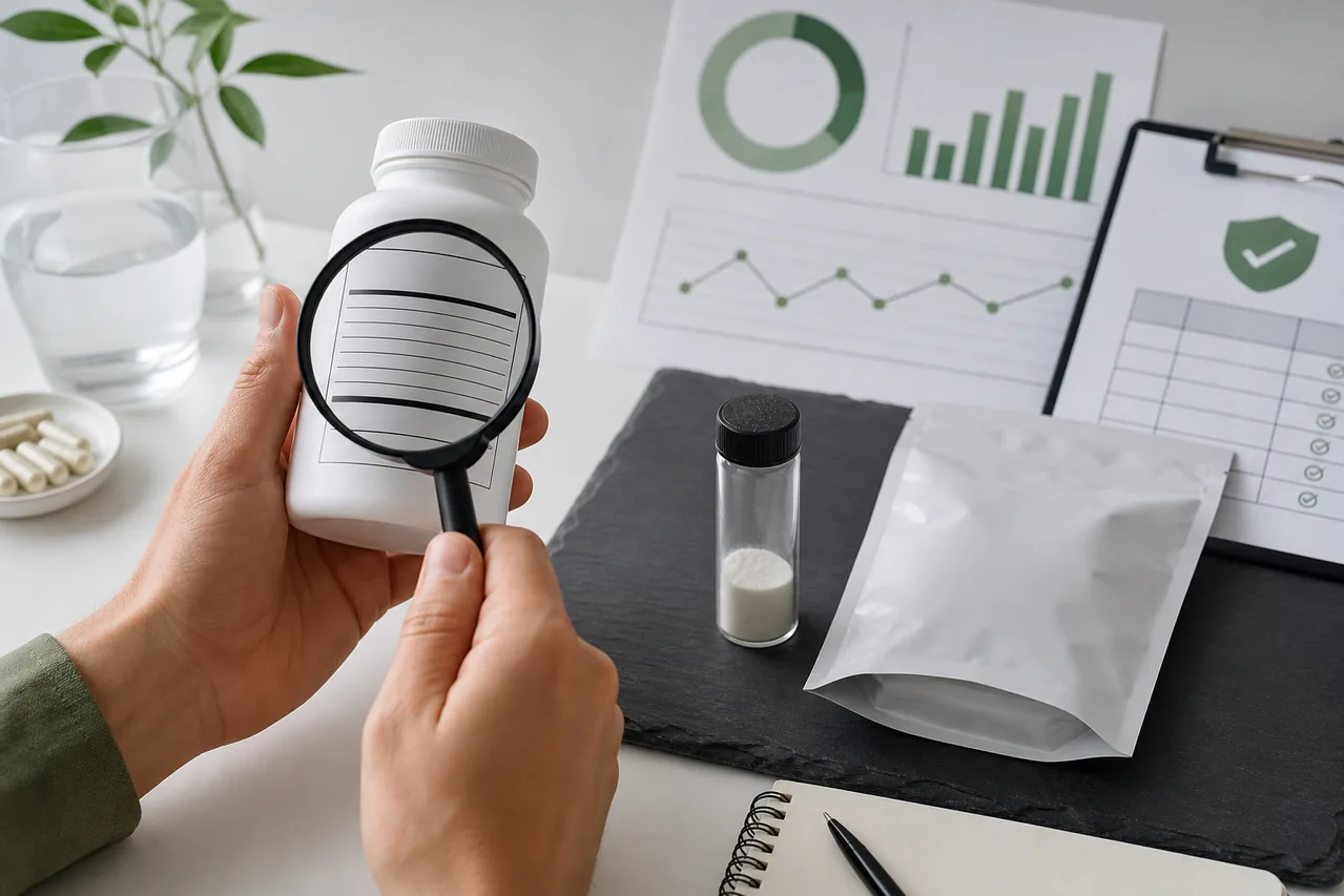 Hands examining an unbranded supplement bottle and blank facts panel with a magnifying glass beside laboratory samples