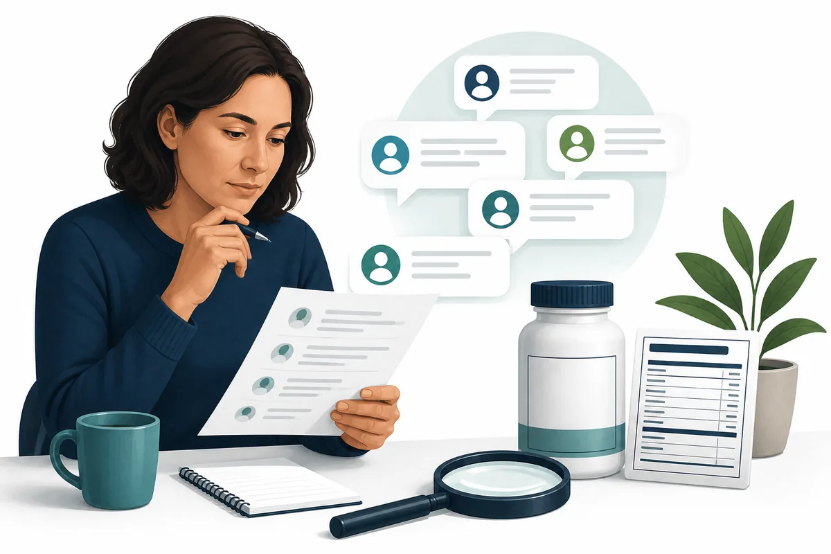 Adult reader comparing anonymous NAD supplement discussions with a neutral bottle and facts label