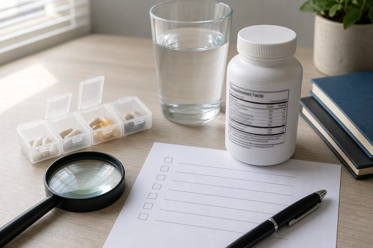 Unbranded supplement bottle, magnifying glass, water, pill organizer, and blank timing checklist arranged for a label review
