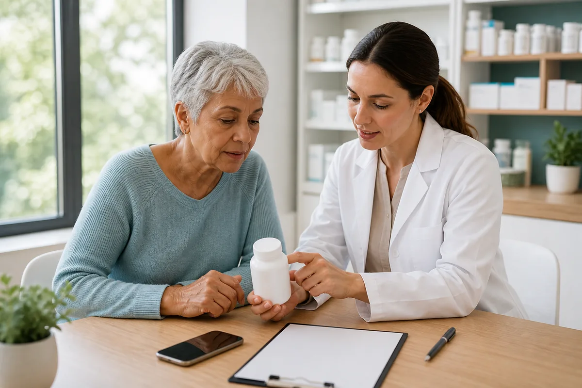 Older adult and pharmacist reviewing an unbranded supplement bottle and medication list at a consultation desk