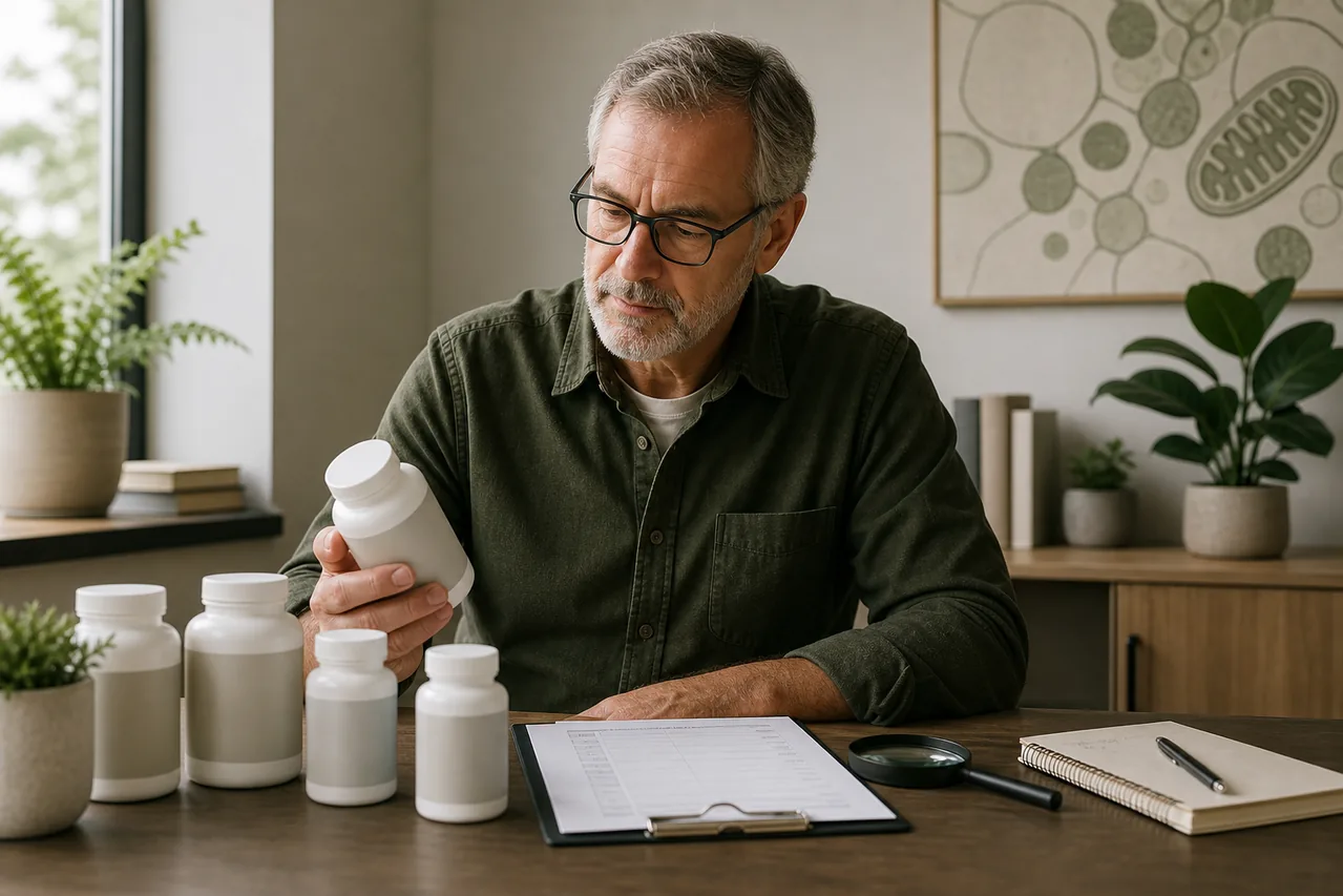 Older adult comparing unbranded supplement bottles with a review checklist and magnifying glass at a desk