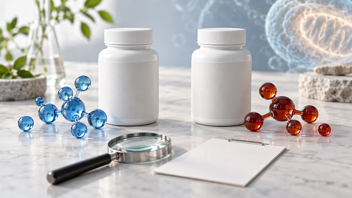 Unbranded NMN and NMNH supplement containers beside molecular models, a magnifying glass, and a blank lab report