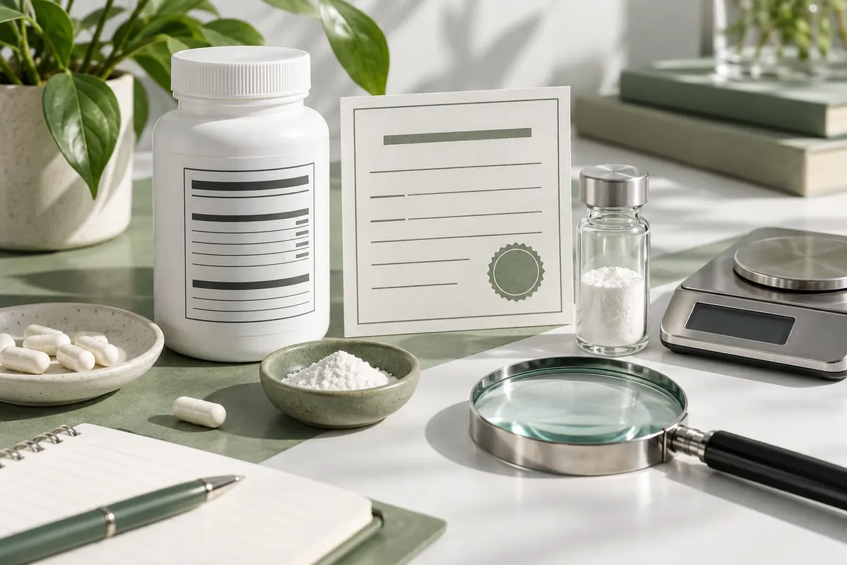 Unbranded supplement facts panel, blank certificate of analysis, vial, scale, and magnifying glass for a label review