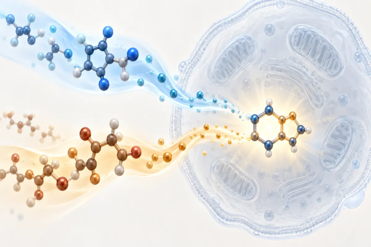 Editorial illustration of distinct NMN and NMNH molecular pathways converging toward NAD-related metabolism