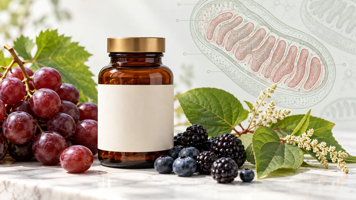 Red grapes and an unbranded resveratrol supplement bottle beside a subtle mitochondrion illustration