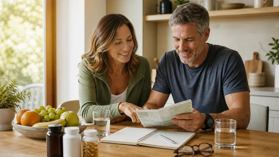 Active couple in their forties comparing an unbranded supplement routine at a kitchen table