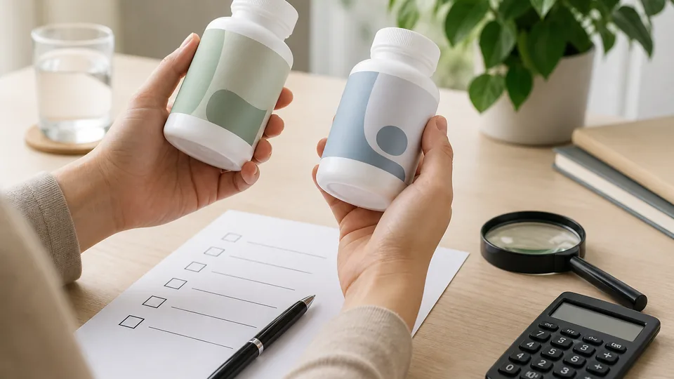 Hands comparing two unbranded supplement bottles beside a blank checklist, magnifying glass, and calculator