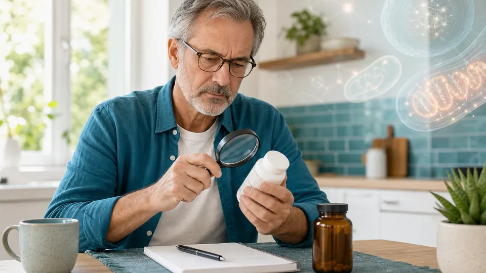 Older adult examining an unbranded supplement bottle beside a notebook and a translucent mitochondria illustration